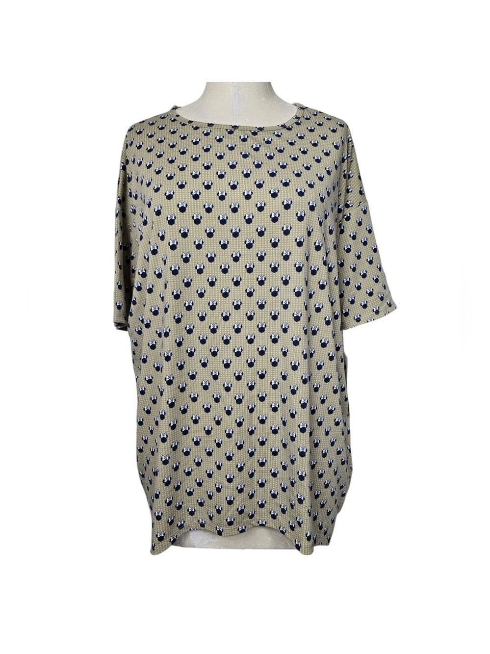 NWT Lularoe Disney Irma Minnie Mouse Print Light Olive Green Cream Dot Shirt XS